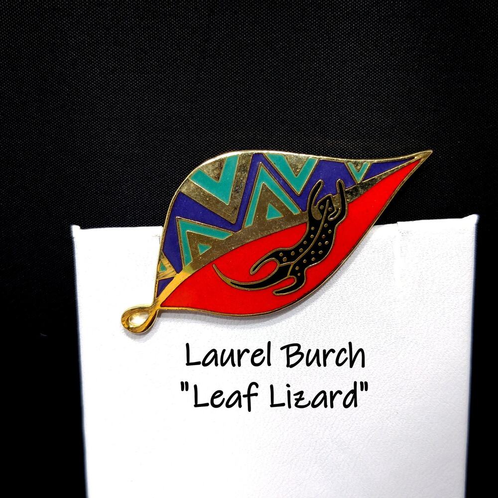 Laurel Burch Leaf Lizard Brooch Pendant Cloisonne Enamel Vintage